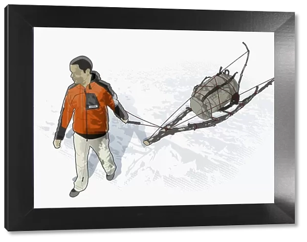 Digital illustration of man pulling improvised sledge