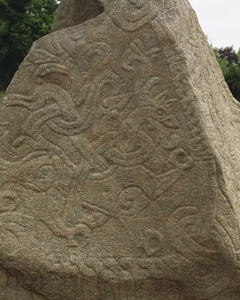 Denmark, Jelling mounds, runic stones, Detail of carvings on runestone