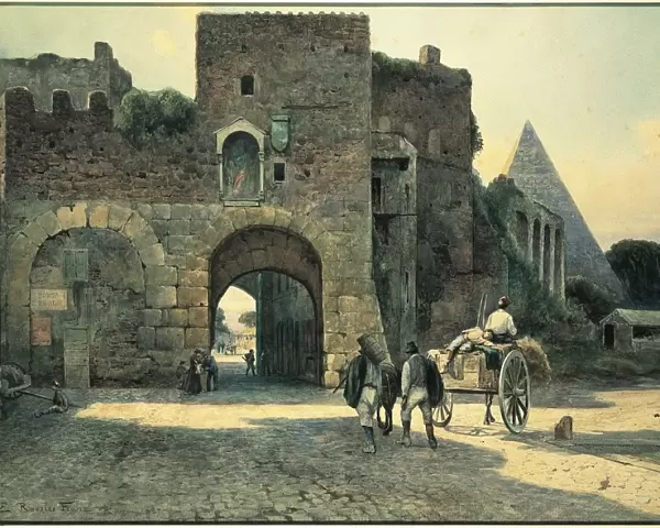 Italy, Rome, Porta San Paolo (St. Pauls Gate) and Pyramid of Caius Cestius, by Ettore Roesler Franz, Watercolor