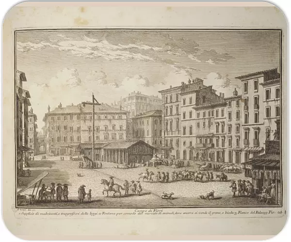 Italy, Rome, Campo dei Fiori with the gallows and the fountain for the market, 1747, engraving