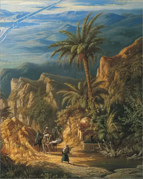 View of Suez Canal, Detail: Caravans and Palm Trees, by Albert Rieger, Oil on canvas