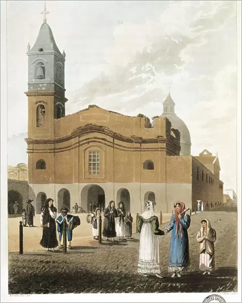 Leaving mass from Basilica di Nuestra Senora del Rosario (Rosary Basilica) and Santo Domingo Convent, by Emeric Essex Vidal, 1818, painting