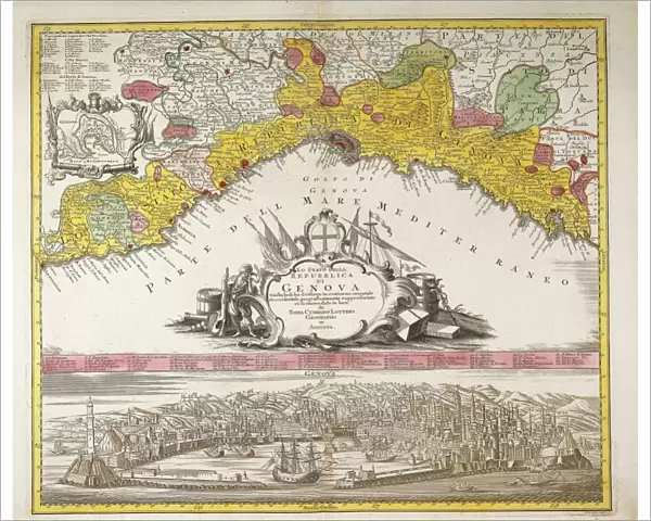 Republic of Genoa, Map by Tobia Corrado Lotterio with view of Genoa by F. B. Weber, Augsburg, Copper engraving, 1770