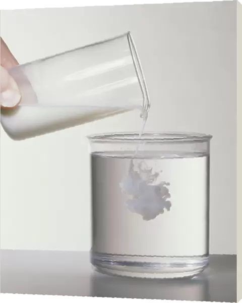 Pouring milk into water in glass beaker