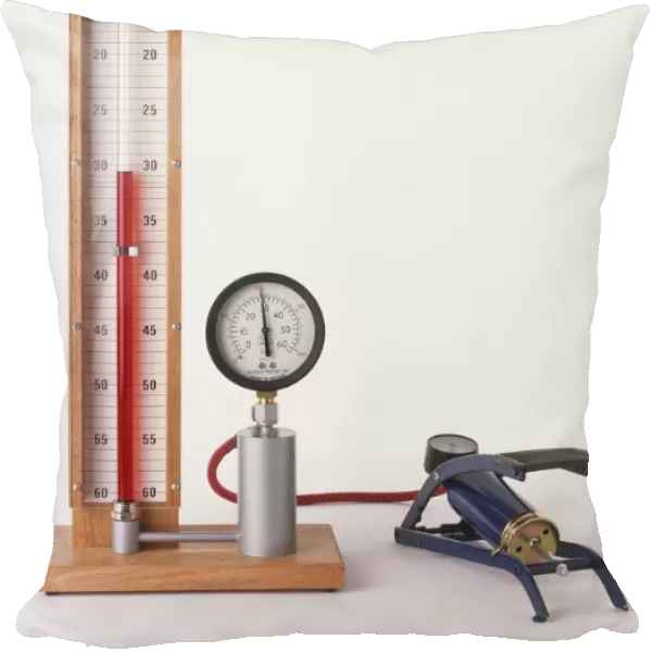 Apparatus to measure pressure with foot pump showing Boyles Law, the volume of mass of gas at a fixed temperature will change in relation to the pressure