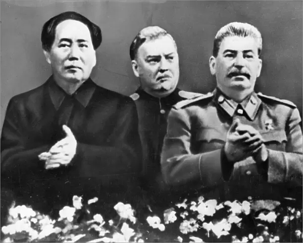 Communist leaders from two continents at the bolshoi theater in moscow at a meeting in honor of josef stalins 70th birthday on december 21, 1949, (left to right: chairman mao zedong; armed forces minister marshal n, a, bulganin; and stalin)
