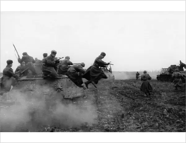 World war 2, 2nd ukrainian front, tank-borne soviet infantry attacking on the approaches to budapest, hungary, december 1944
