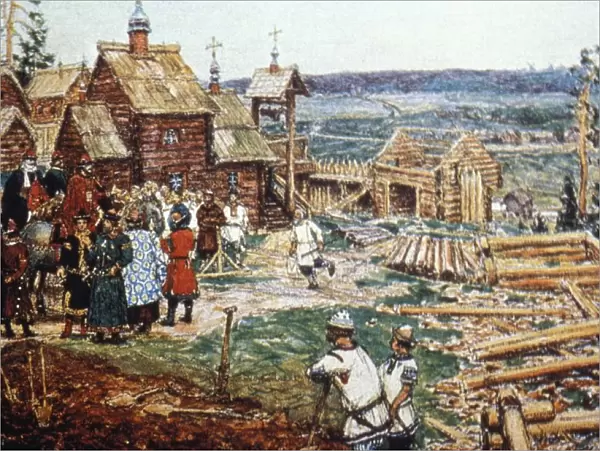 Depiction of the construction of the moscow kremlin out of logs under the reign of yuri dolgoruky in the 12th century