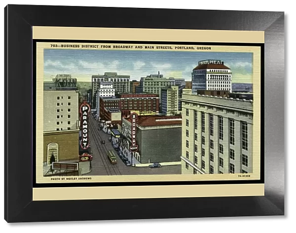 Business District. ca. 1937, Portland, Oregon, USA, 703-BUSINESS DISTRICT FROM BROADWAY AND MAIN STREETS, PORTLAND, OREGON