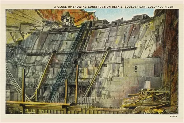 Boulder Dam Under Construction. ca. 1934, Border of Nevada and Arizona, USA, A CLOSE-UP SHOWING CONSTRUCTION DETAIL, BOULDER DAM, COLORADO RIVER