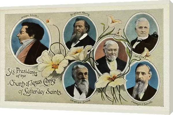 Postcard of Presidents of the Church of Jesus Christ of Latter-day Saints. ca. 1908-1910, Six Presidents of the Church of Jesus Christ of Latter-day Saints. Joseph Smith, Brigham Young, Wilford Woodruff, John Taylor, Lorenzo Snow, Joseph F. Smith