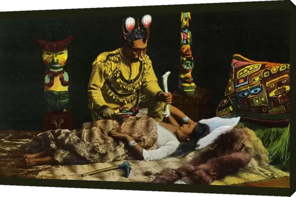 Postcard of a Northwest Coast Shaman Treating a Patient. ca. 1908-1910, 528-Indian Witch Doctor Visiting Patient