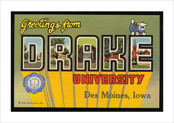 Postcard from Drake University. ca. 1946, Des Moines, Iowa, USA, D-Student Union Building: R-Main Womens Dormitory: A-Stadium: K-Cowles Library: E-Main Building
