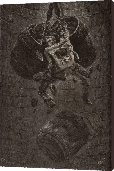 Coal tubs colliding in a pit shaft leaving the men riding on them holding on for their lives