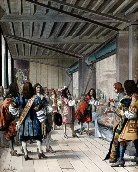 Louis XIV of France (1638-1715) visiting the Gobelins tapestry works. Colbert, Louis