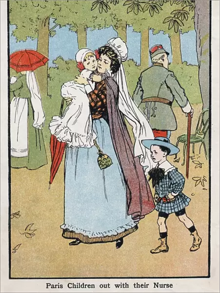 Paris nursemaid giving her charges fresh air in the Champs Elysee: c1890. Coloured