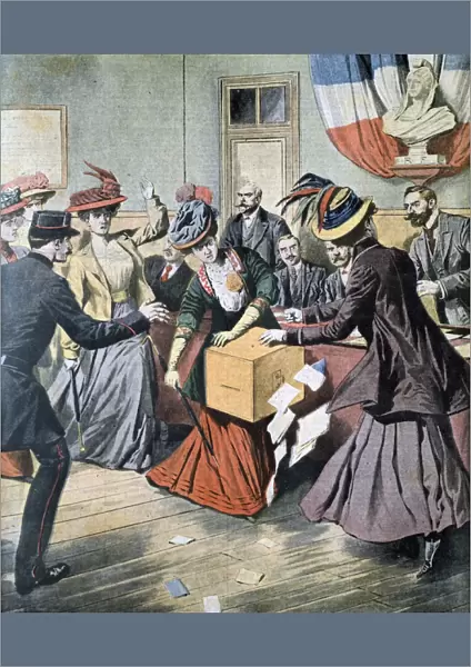 Belgian Suffragettes upsetting ballot boxes. From Le Petit Journal, Paris, 17 May 1908