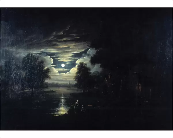 Moon reflected in a lake. Dutch School, 17th century. Oil on canvas
