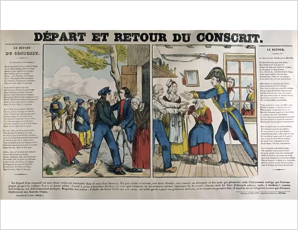 Departure and Return of a Conscript. 19th century popular French hand-coloured woodcut
