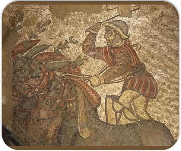 Italy, Sicily Region, Enna province, Piazza Armerina, Villa Romana del Casale, Gymnasium, mosaic with four-horse chariot, detail (4th century ad)