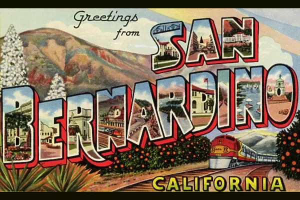 Greeting Card from San Bernardino, California. ca. 1943, San Bernardino, California, USA, San Bernardino, the county seat of San Bernardino County, has a population of over 65, 000. It is the home of the famous National Orange Show, an industrial jobbing and wholesale center, and the site of the Santa Fe Coast shops. S-Junior College: A-E Street: N-Arrowhead Hot Springs: B-Court House: E-Orange Show Bldg. : R-Auditorium: N-Union Depot: A-Rim O the World Highway: R-Big Bear Lake: D-Post Office: I-Thru the Groves: N-Lake Arrowhead: O-San Bernardino Mission