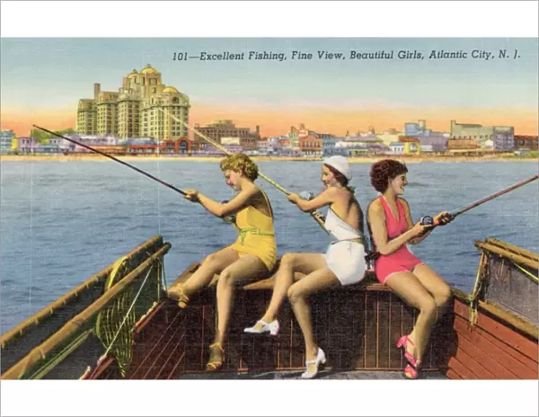 Women Fishing on Back of Boat. ca. 1943, Near Atlantic City, New Jersey, USA, 101-Excellent Fishing, Fine View, Beautiful Girls, Atlantic City, N. J. The scene on the reverse side faces Atlantic Citys Boardwalk, famed throughout the world. Length 8 miles, width 60 feet. Lined with magnificent hotels, theatres and shops: double lane of rolling chairs: scene of internationally famous Easter Parade