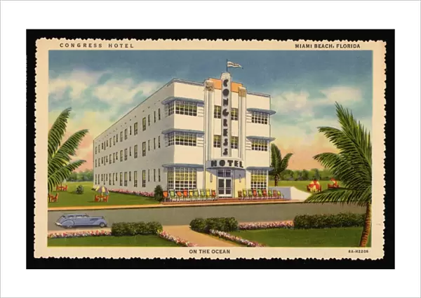 Congress Hotel. ca. 1936, Miami Beach, Florida, USA, Stop at the CONGRESS HOTEL, 1036 Ocean Drive, MIAMI BEACH. Ideal Location, Directly on the Ocean, Modern, Beautifully Furnished, Every Room with Private Bath and Shower, Elevator Service, Steam Heat, Solarium, Surf Bathing from Your Room