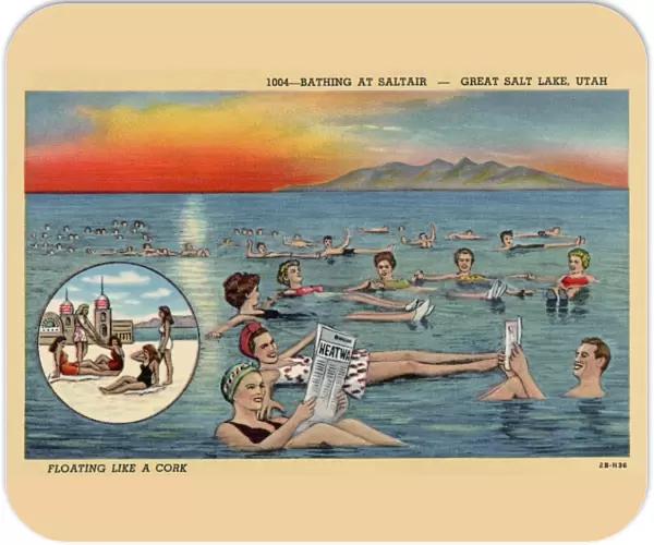 Swimmers Floating in Great Salt Lake. ca. 1942, West of Salt Lake City, Utah, USA, 1004-BATHING AT SALTAIR-GREAT SALE LAKE, UTAH. FLOATING LIKE A CORK. 18 miles west of Salt Lake City, Utah, is an inland sea covering an area of 2, 000 square miles-75 miles long with a maximum width of 50 miles. It contains a higher percentage (21%) of common salt than any other large body of water in the world. Bathers enjoy the exhilarating experience of swimming in its water, so buoyant that it is impossible to sink. Saltair is a unique pleasure resort built on the shore of the lake. Its dance pavilion is one of the largest in the world