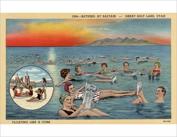 Swimmers Floating in Great Salt Lake. ca. 1942, West of Salt Lake City, Utah, USA, 1004-BATHING AT SALTAIR-GREAT SALE LAKE, UTAH. FLOATING LIKE A CORK. 18 miles west of Salt Lake City, Utah, is an inland sea covering an area of 2, 000 square miles-75 miles long with a maximum width of 50 miles. It contains a higher percentage (21%) of common salt than any other large body of water in the world. Bathers enjoy the exhilarating experience of swimming in its water, so buoyant that it is impossible to sink. Saltair is a unique pleasure resort built on the shore of the lake. Its dance pavilion is one of the largest in the world