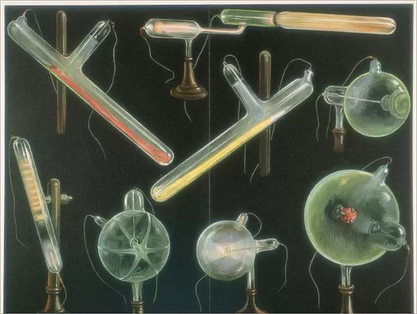 Various substances fluorescing in vacuum tubes of different shapes. Chromolithograph, Leipzig 1903