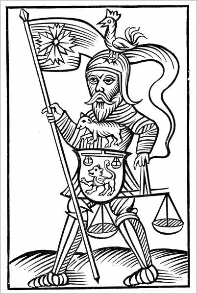 Saxon god Hermensul (Irmensul) in armour and carrying scales, presiding over executive justice