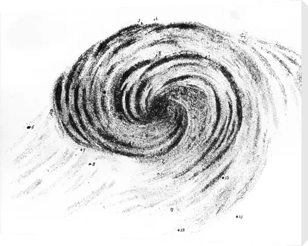 Observation of spiral galaxy in Canes Venatici by Lord Rosse. From his paper Observations