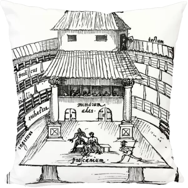 Interior of the Swan Theatre, Bankside, London, 1596, showing a performance in progress