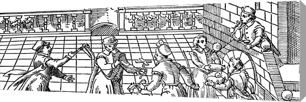 Childrens games in the 16th century: from left to right are shown rattle, windmill