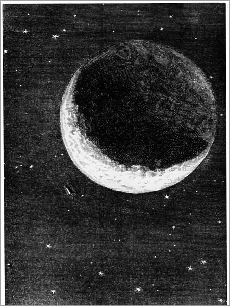 Space capsule dwarfed by the disc of the Moon. From Jules Verne Autour de la Lune, Paris, 1865
