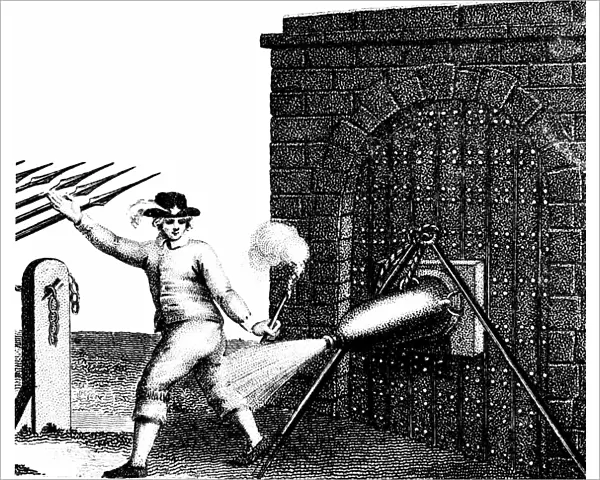 Normal method of applying a petard (explosive device) to the gate of a fortress