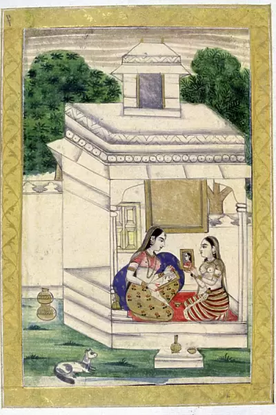 Album of Ragamala. Young woman with a portrait of her absent lover. Servant holds