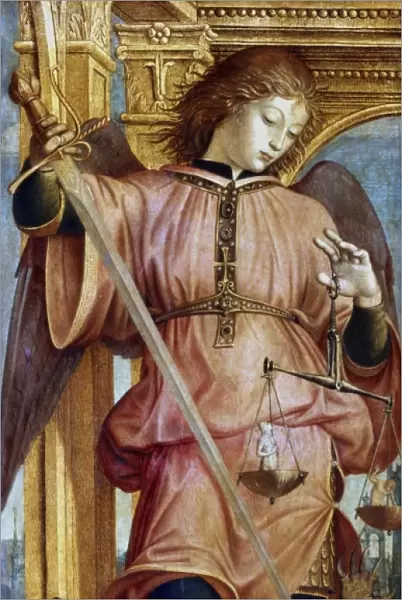 St Michael the Archangel fighting dragon with sword. In left hand he holds balance