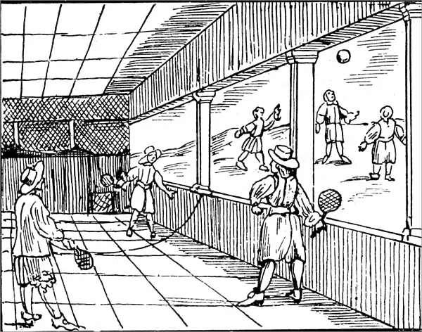 Young men playing a form of tennis. Woodcut from Commenius Orbis sensualis pictura