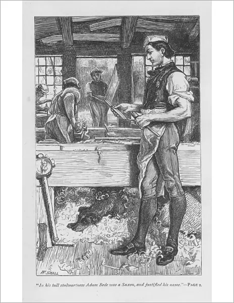 Adam Bede, the village carpenter, in the workshop, his dog Gyp on a pile of shavings