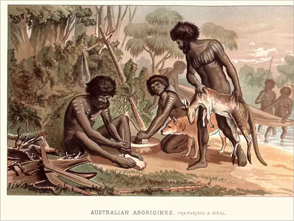 Aboriginal people preparing a meal, 19th Century Australia