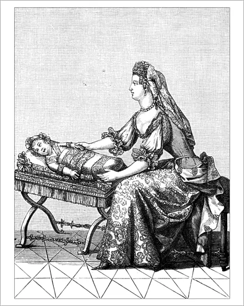 Antique illustration of woman changing baby