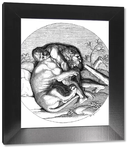 Antique illustration of Heracles fighting with the Nemean lion