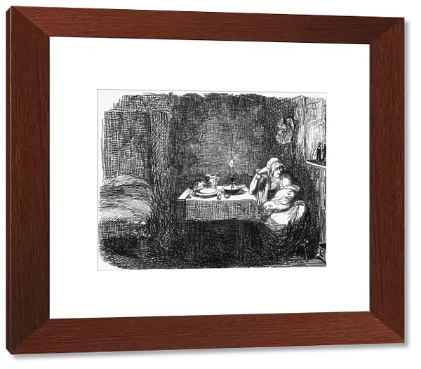 The Home. A woman and her baby wait beside an empty place setting in a candlelit room