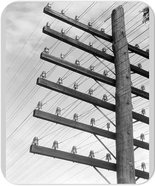 Closeup Of Telephone Pole With 6 Levels Of Wires