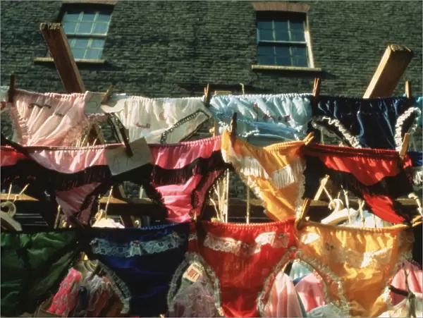 Knickers. Rows of brightly coloured knickers hanging on a washing line