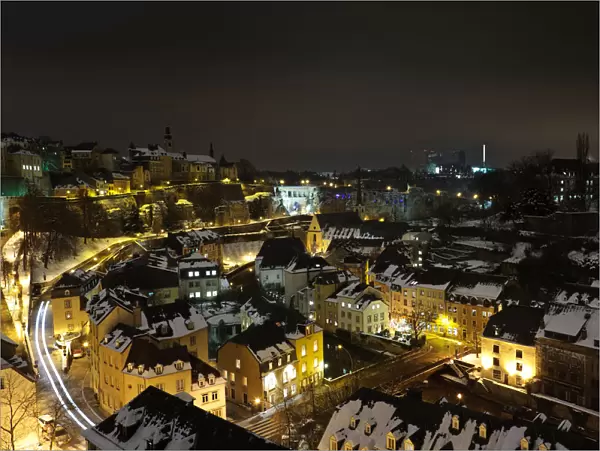 Luxembourg skyline at night and snowcapped