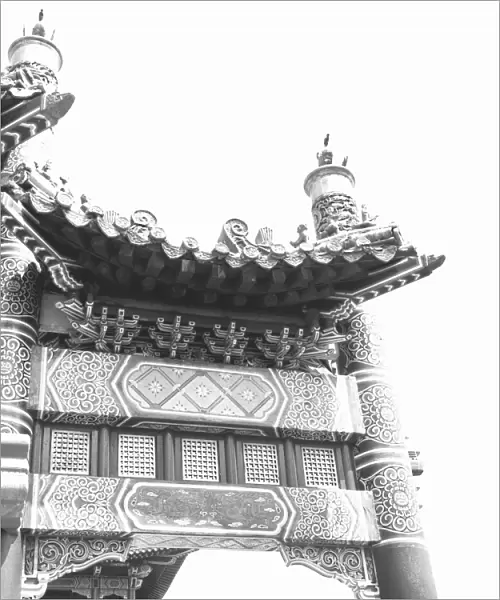 Temple pagoda, (B&W), low angle view