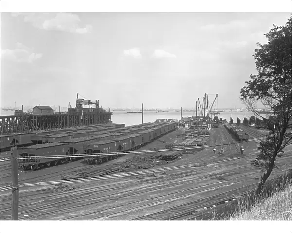 Freight train wagons on shunting yard, (B&W), elevated view