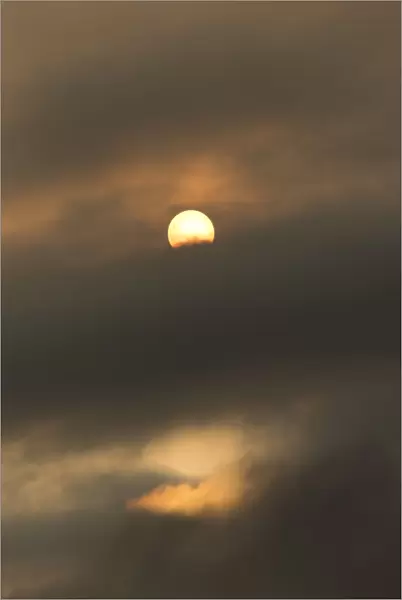 Sun behind clouds and brownish ash and gas clouds of the Holuhraun fissure eruption, north of the Baroarbunga volcano, highlands of Iceland, Northeastern Region, Iceland